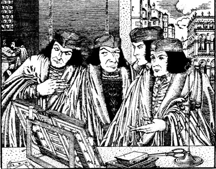 Four august scholarific personages pass judgment upon a book open before them on a table; in the background, a humble scribe toils away at a manuscript...